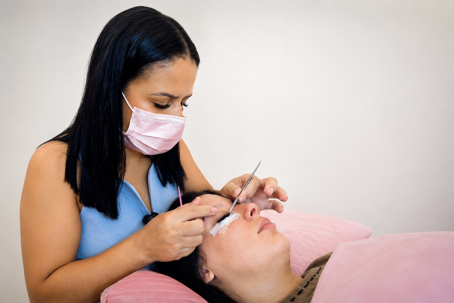 Lash designer realizando atendimento em studio sofisticado